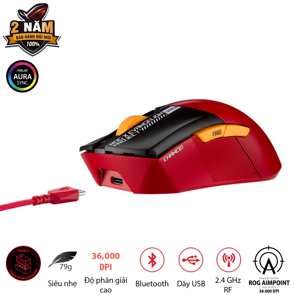 Chuột game FPS không dây ASUS ROG Gladius III Wireless AIMPOINT EVA-02, đa kết nối, 36000 DPI, cáp paracord, thay switch
