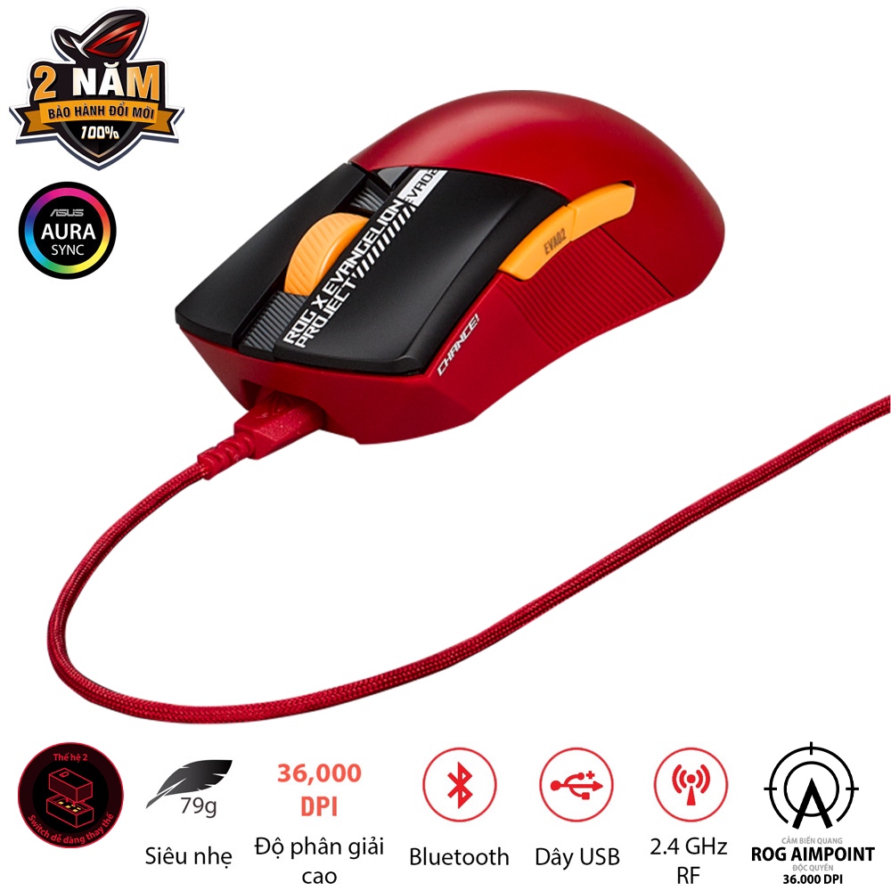 Chuột game FPS không dây ASUS ROG Gladius III Wireless AIMPOINT EVA-02, đa kết nối, 36000 DPI, cáp paracord, thay switch