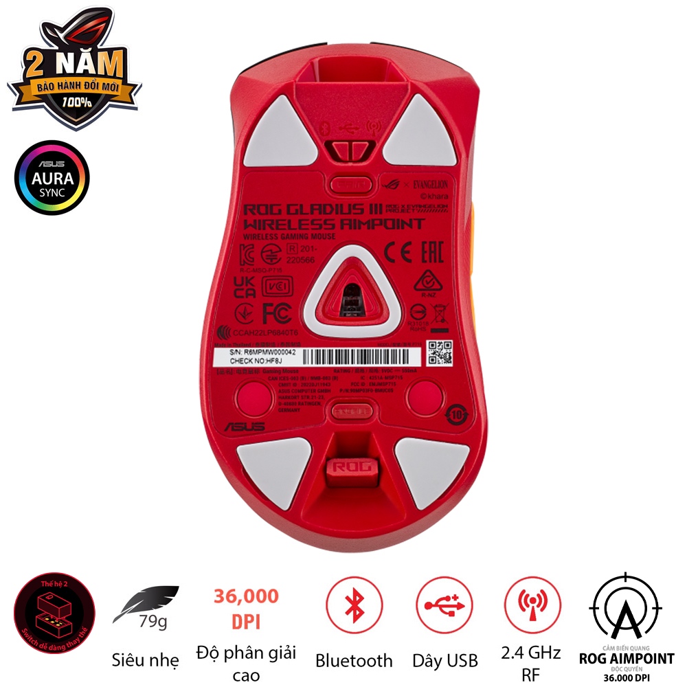 Chuột game FPS không dây ASUS ROG Gladius III Wireless AIMPOINT EVA-02, đa kết nối, 36000 DPI, cáp paracord, thay switch