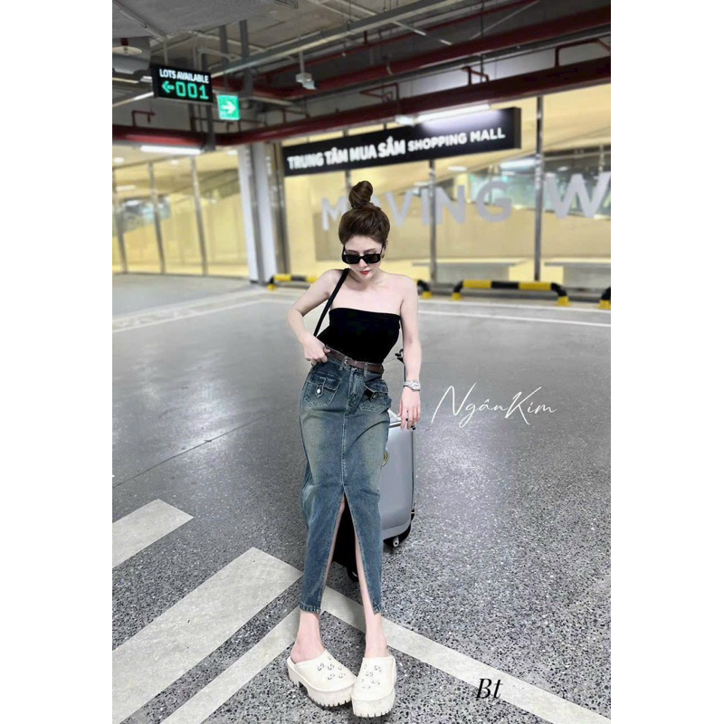 Chân váy jean dài kèm đai hàng qc