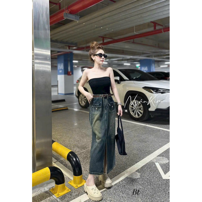 Chân váy jean dài kèm đai hàng qc