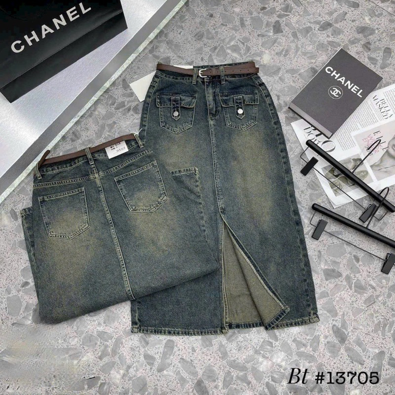 Chân váy jean dài kèm đai hàng qc