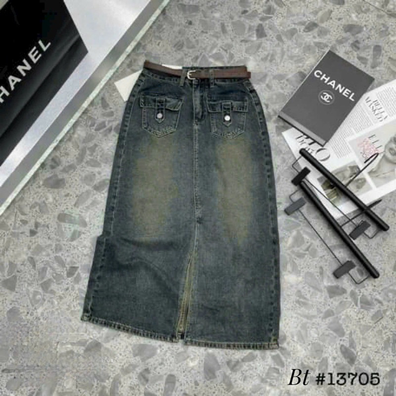 Chân váy jean dài kèm đai hàng qc