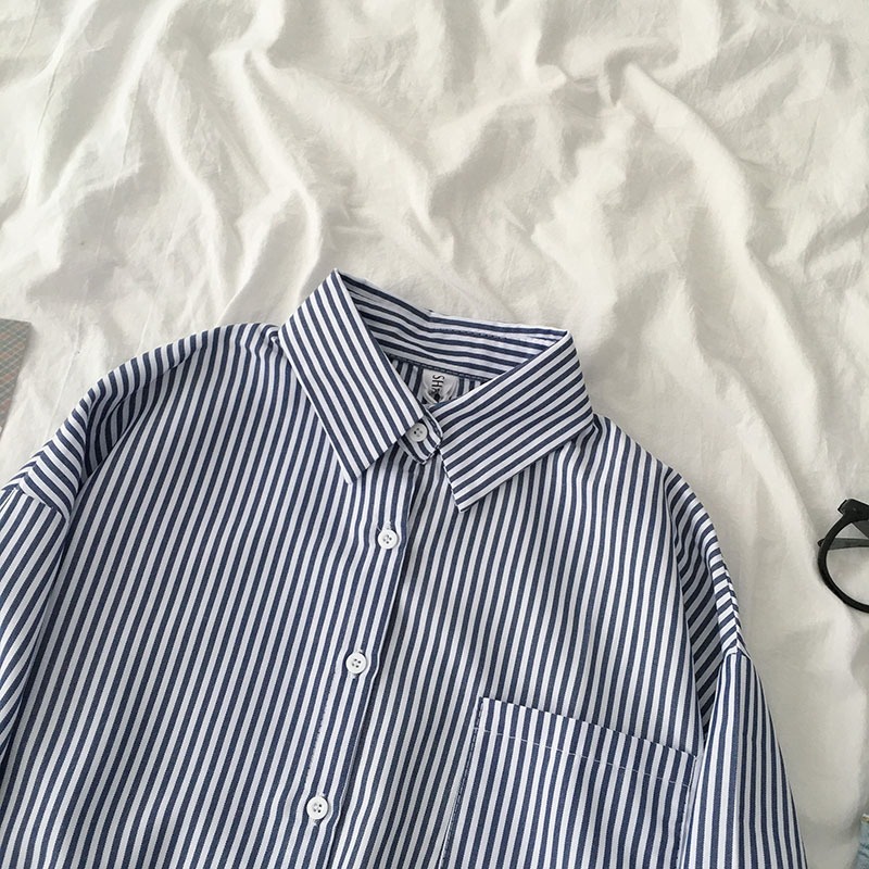 Áo sơ mi nữ Hàn Quốc Form rộng Tay dài Kẻ sọc dọc Sơ mi nữ Hàn Quốc Dáng rộng Dài tay Thời trang