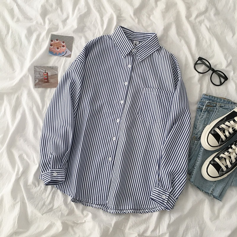 Áo sơ mi nữ Hàn Quốc Form rộng Tay dài Kẻ sọc dọc Sơ mi nữ Hàn Quốc Dáng rộng Dài tay Thời trang