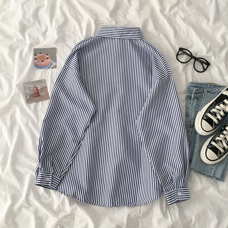 Áo sơ mi nữ Hàn Quốc Form rộng Tay dài Kẻ sọc dọc Sơ mi nữ Hàn Quốc Dáng rộng Dài tay Thời trang