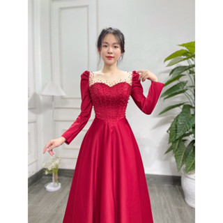 Váy Đi Tiệc, Đi Bàn Cô Dâu Chất Liệu Vải Phi, Tay Dài Eo Nhọn Siết Eo Cực Tốt, Cao Cấp Dáng Dài Đến Chân, Màu Trắng, Đỏ