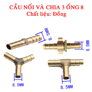 Nối ống phi 8, chia 3 đường ống phi 8 chất liệu đồng