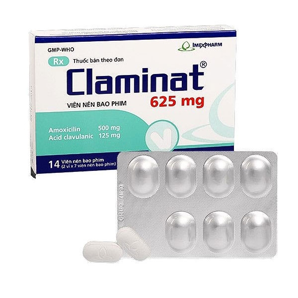 Amoxicillin 500 + Acid clavulanic 125 - Claminat 625 - Hộp 14 viên