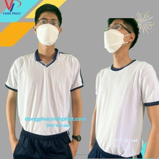 Bộ đồng phục thể dục học sinh các cấp 1, 2, 3, áo thun trắng cổ tim và cổ tròn, quần bóng cào-hình thật