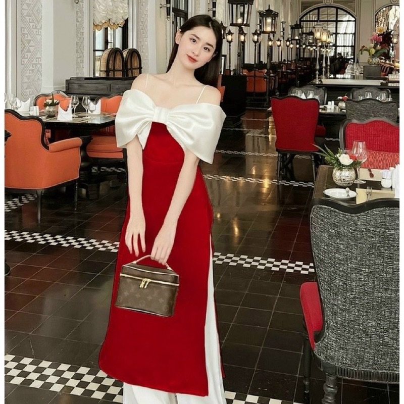 ÁO DÀI CÁCH TÂN TACTA TRỄ VAI HAI DÂY NƠ TRẮNG BẢN TO SIÊU XINH ĐIỆU ĐÀ ÁO DÀI CÔ DÂU ÁO DÀI PHÙ DÂU