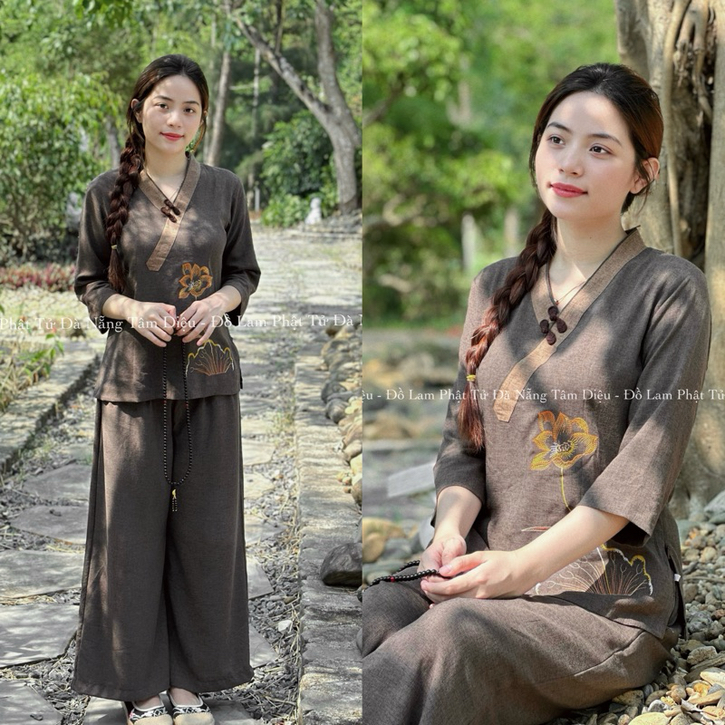 Xô Ấn Viền Cổ Thêu Sen Chất Liệu Mát Đồ Lam Đi Chùa