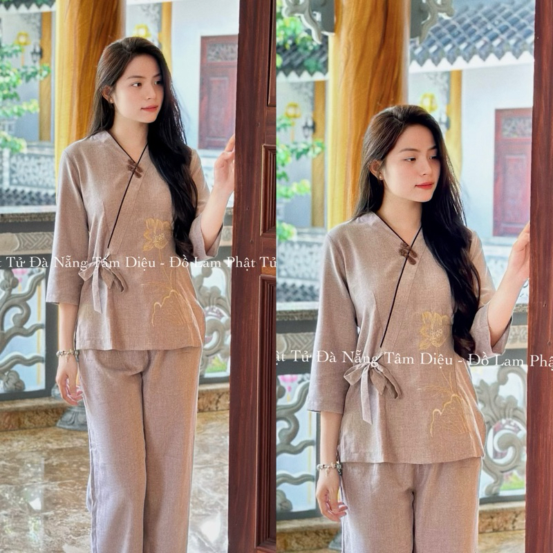 Xô Ấn Viền Cổ Thêu Sen Chất Liệu Mát Đồ Lam Đi Chùa
