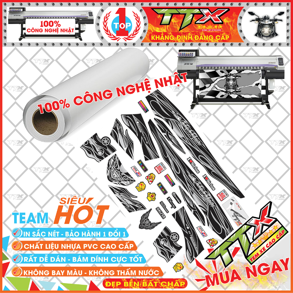 Tem Xe Sirius Đen Trắng - Tem Dán Xe Sirius Lửa Đen Siêu Đẹp - Mẫu Tem Rời Sirius Trắng Đen