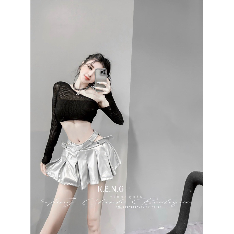 Set áo lưới lệch vai chân váy da xếp ly siêu chất