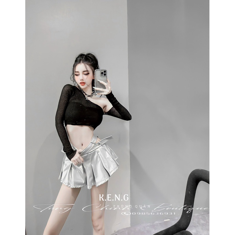 Set áo lưới lệch vai chân váy da xếp ly siêu chất