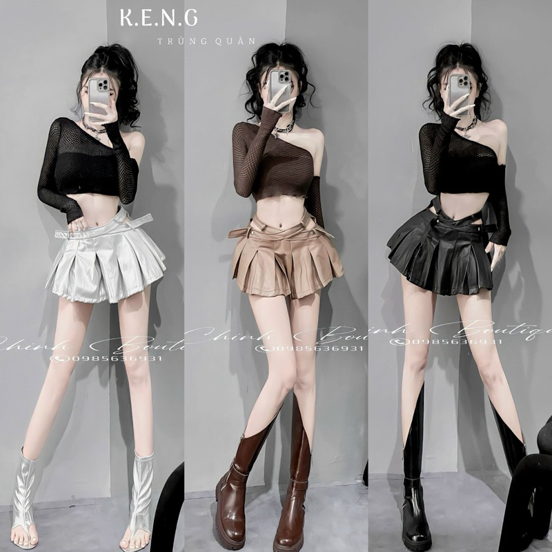 Set áo lưới lệch vai chân váy da xếp ly siêu chất