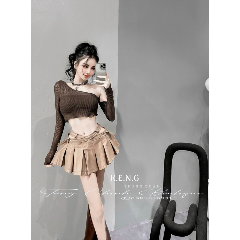 Set áo lưới lệch vai chân váy da xếp ly siêu chất