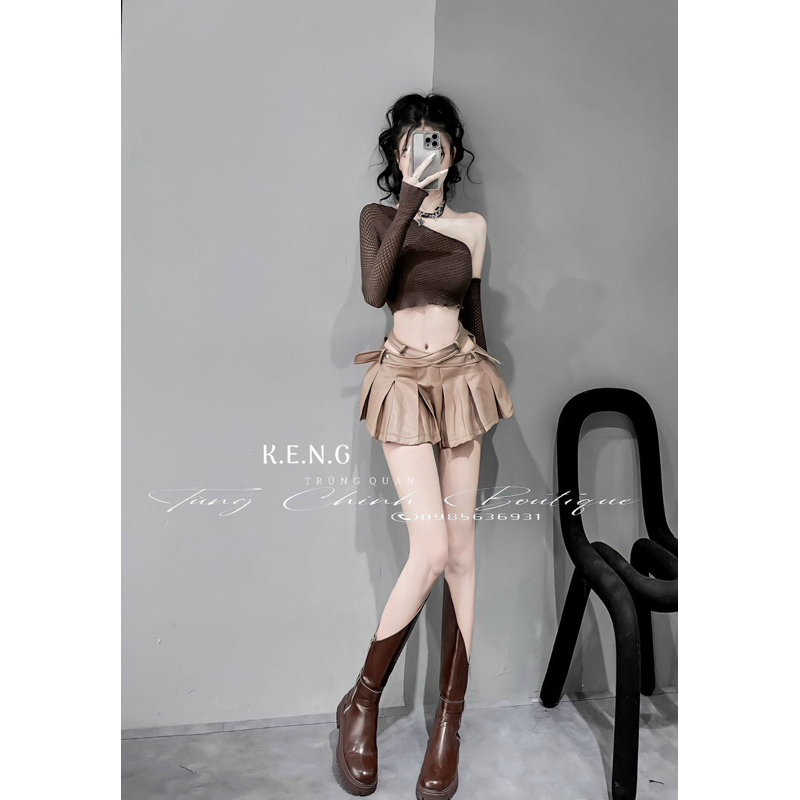 Set áo lưới lệch vai chân váy da xếp ly siêu chất