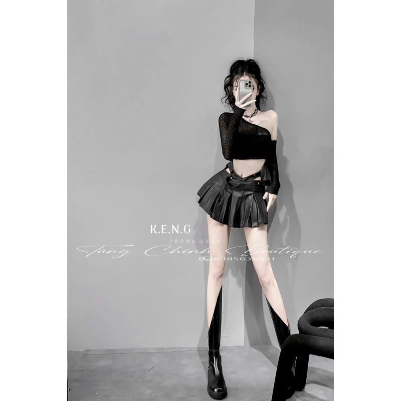 Set áo lưới lệch vai chân váy da xếp ly siêu chất
