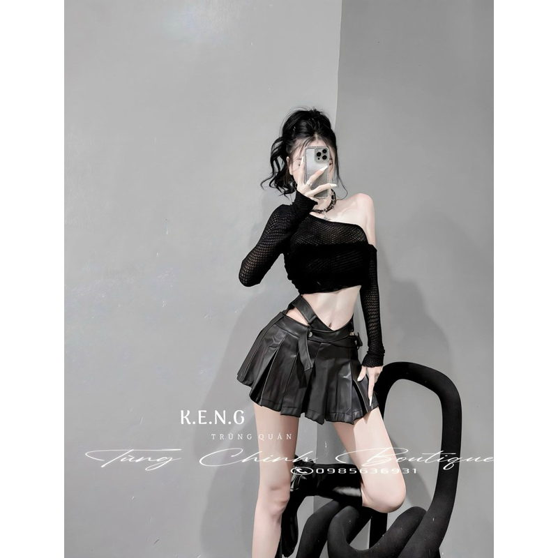 Set áo lưới lệch vai chân váy da xếp ly siêu chất