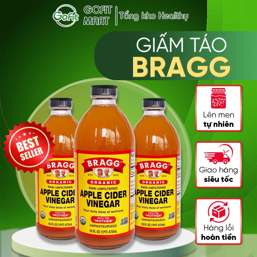 Giấm Táo Hữu Cơ Bragg Organic Của Mỹ Có Giấm Cái 473ml, 946ml - Dấm Táo Giảm Cân Gofit Mart