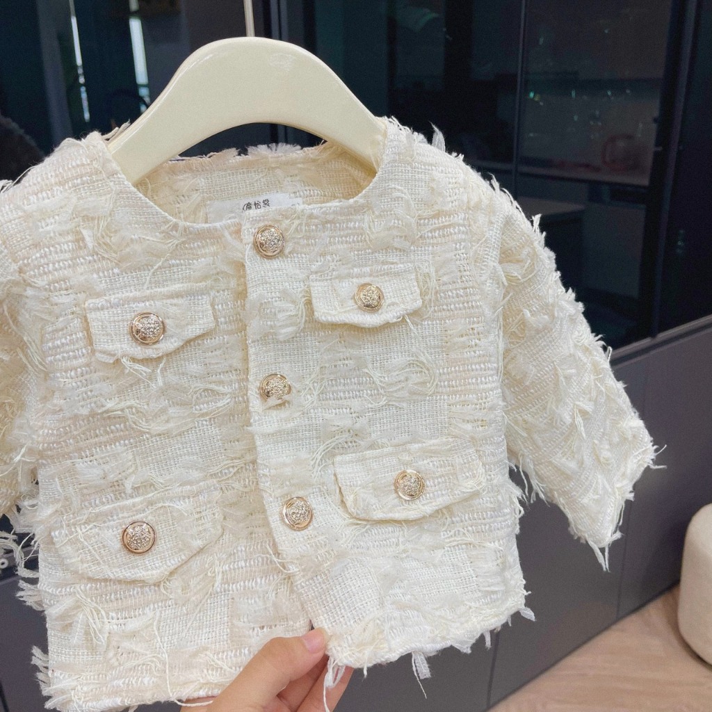 Áo dạ lông màu kem bé gái