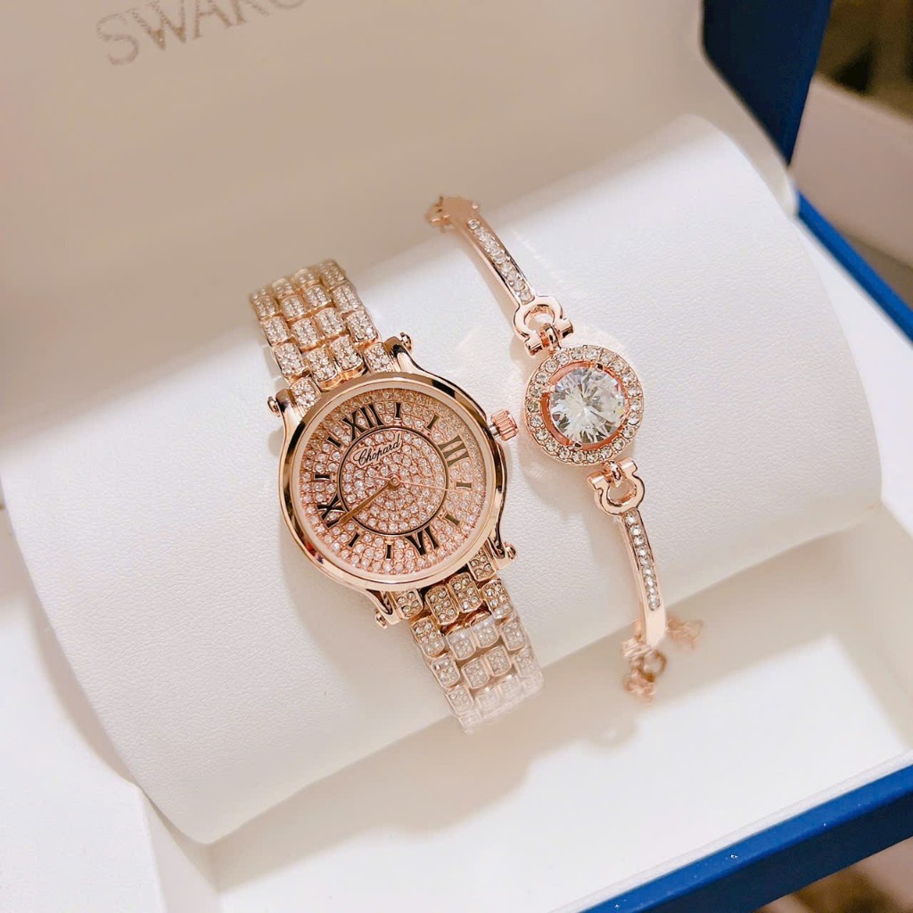 ĐỒNG HỒ CHOUPAT NỮ  FULL ĐÁ SANG TRỌNG,TẶNG KÈM VÒNG TAY SIÊU ĐẸP BẢO HÀNH 6 THÁNG.