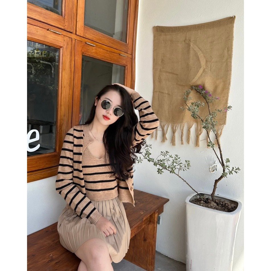 BNO8_SET CADIGAN+ ÁO 2 DÂY ZR KẺ BE