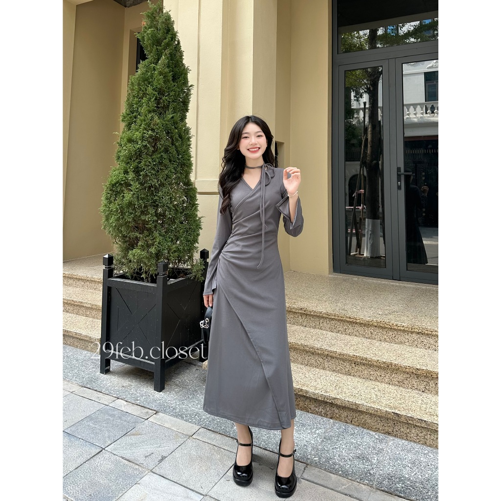 29feb.closet Váy Xinh Chiết Eo Chéo Vạt Chất Tăm Hàn Kèm Dây Nơ Cổ Mùa Thu Đông - V161