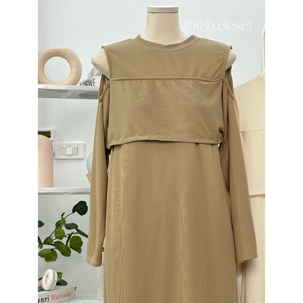 Váy Xinh Trễ Vai Vạt Lửng Cách Điệu Nữ 29feb.closet Dài Tay Dáng Suông Mùa Thu Đông - V164