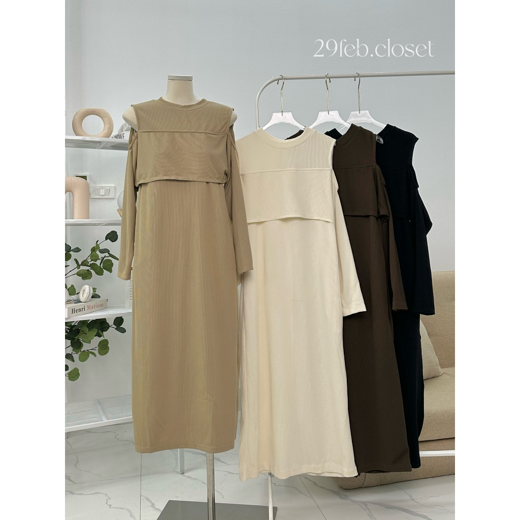 Váy Xinh Trễ Vai Vạt Lửng Cách Điệu Nữ 29feb.closet Dài Tay Dáng Suông Mùa Thu Đông - V164