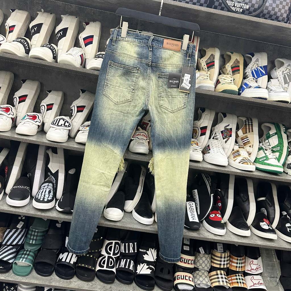 Quần Cây Dừa Amiri Gối Vá Da 4 Cúc, Quần Jean Nam Amiri Slimfit Wash Xanh Vàng in hình cây dừa phối rách tua gối  MS 21