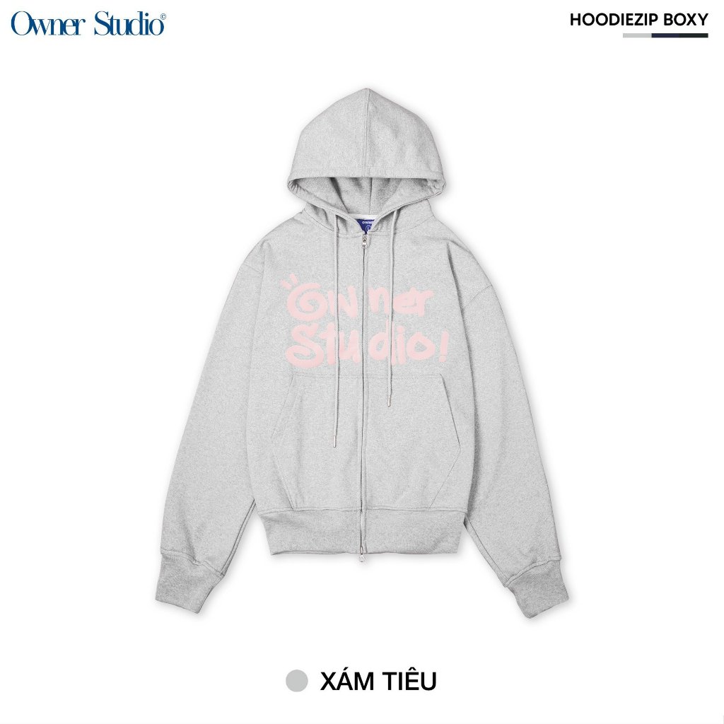 Áo khoác dây kéo khoá Form Boxy IN NỔI TRƯỚC LOGO - Hoodie zip Boxy Nam Nữ Owner