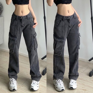 Quần Jean nữ túi hộp ống rộng 2 túi, quần jeans ống đứng dáng suông nữ cạp cao màu xanh