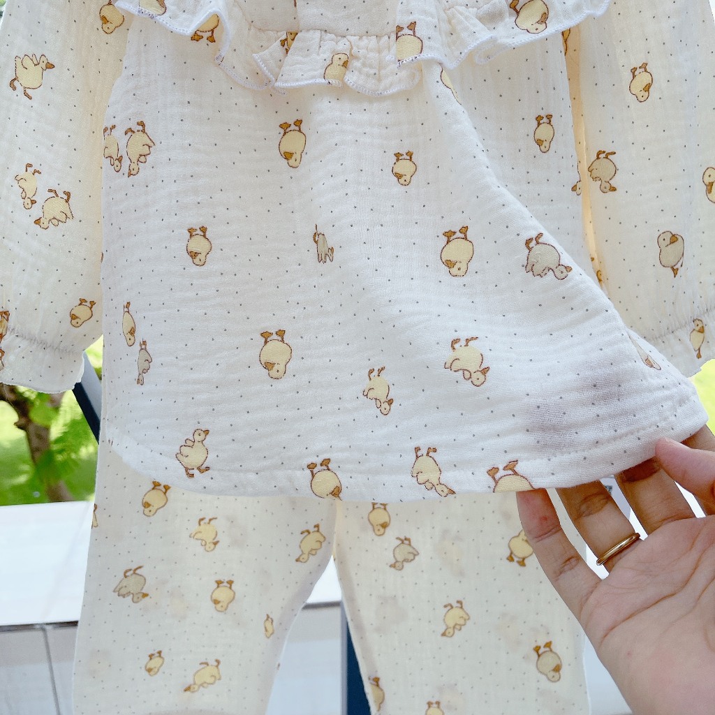 Pijama bé gái xô muslin Áo Lá Homewear A057, đồ bộ dài tay bé gái mặc ngủ xô đũi