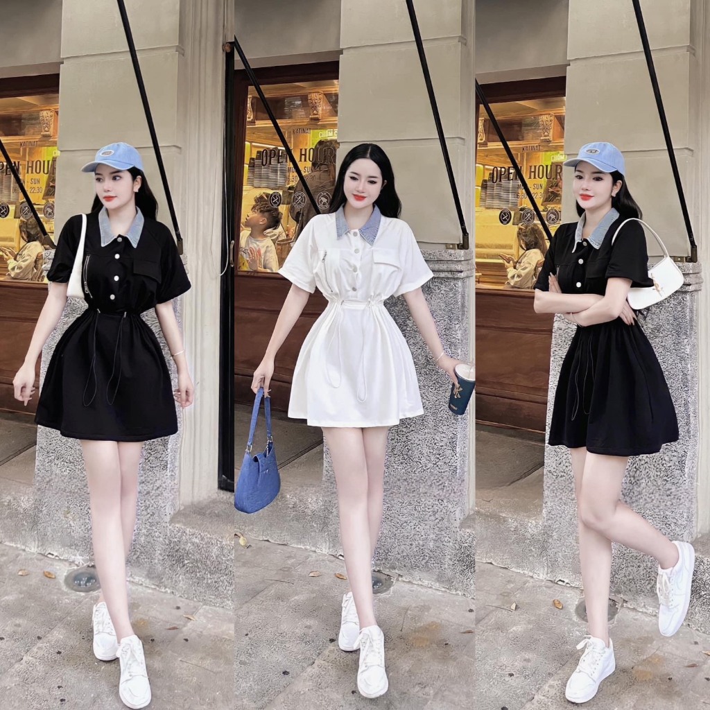 Đầm váy nữ kaki phối cổ jeans cài nút rút dây eo xinh xắn xòe chữ A dành cho các nàng diện đi chơi, hẹn hò