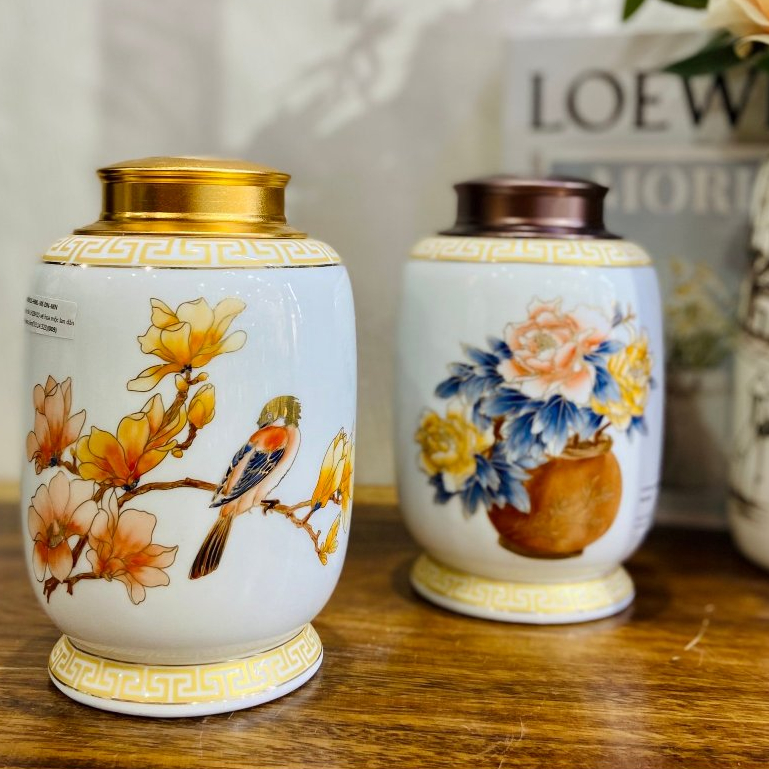 (Vẽ 3D) Hũ đựng trà bằng gốm sứ, Bình trà bát tràng, Hộp đựng chè khô, Bình đựng trà khô, Bình đựng 