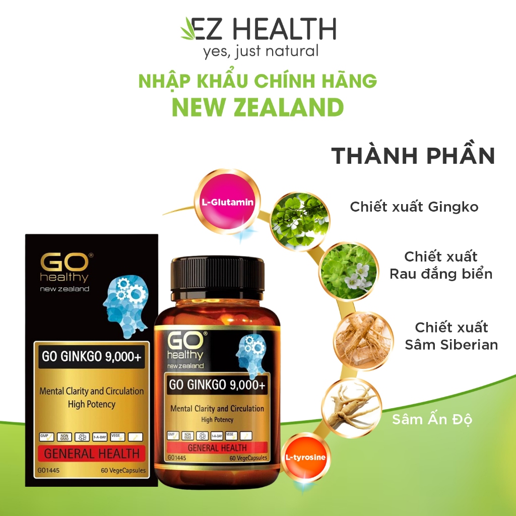 Viên hoạt huyết dưỡng não GO Healthy GO Ginkgo 9000+ tăng cường tuần hoàn