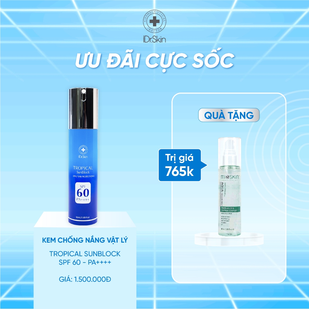 Kem chống nắng vật lý phổ rộng Tropical Sunblock SPF 60 PA++++ công nghệ pha lê hóa lỏng 50ml