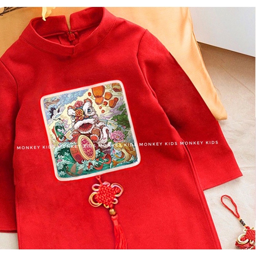 Áo dài Tết bé trai họa tiết kỳ lân chất liệu nhung chéo hàn_ Monkey kids