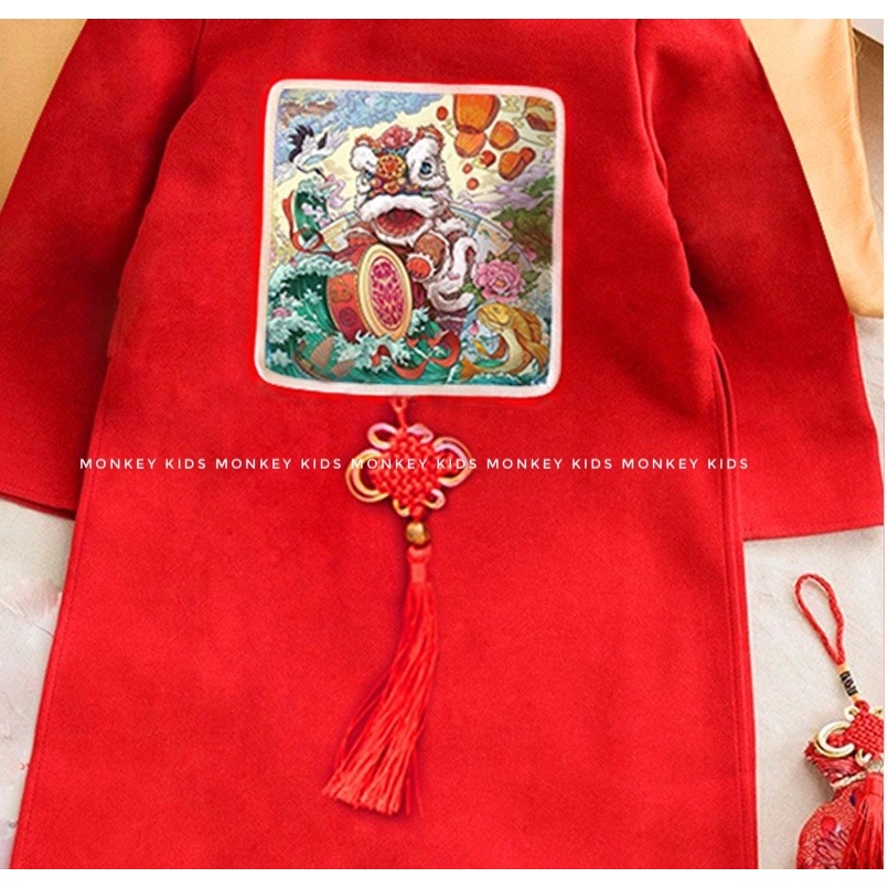 Áo dài Tết bé trai họa tiết kỳ lân chất liệu nhung chéo hàn_ Monkey kids