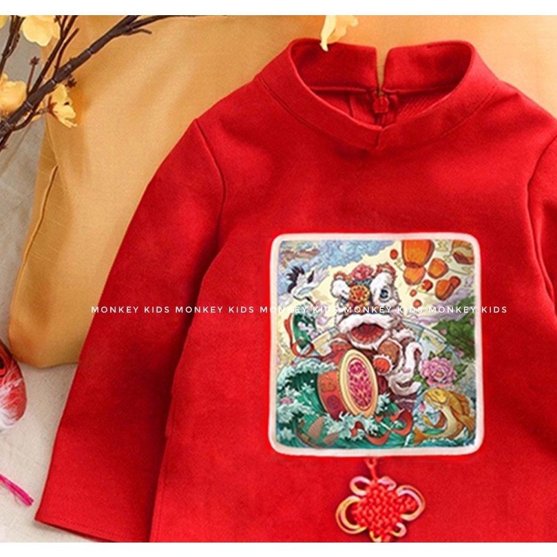 Áo dài Tết bé trai họa tiết kỳ lân chất liệu nhung chéo hàn_ Monkey kids