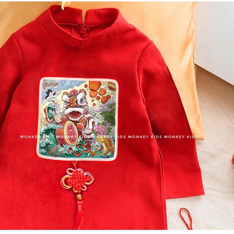 Áo dài Tết bé trai họa tiết kỳ lân chất liệu nhung chéo hàn_ Monkey kids
