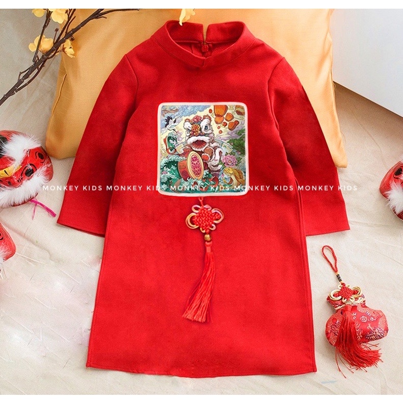 Áo dài Tết bé trai họa tiết kỳ lân chất liệu nhung chéo hàn_ Monkey kids