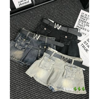 Chân váy jeans xòe dáng ngắn túi hộp trước kèm belt chữ W Sang chảnh siêu Hot  QCL1 LuciK Shop 9282 CV0044