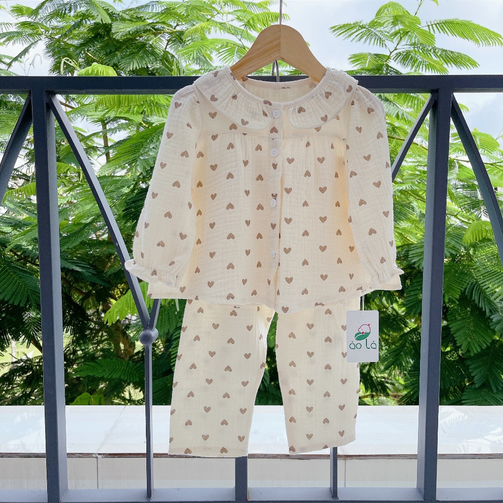 Bộ dài tay bé gái xô muslin Áo Lá Homewear A056, đồ ngủ bé gái xô đũi babydoll bèo nhí dễ thương