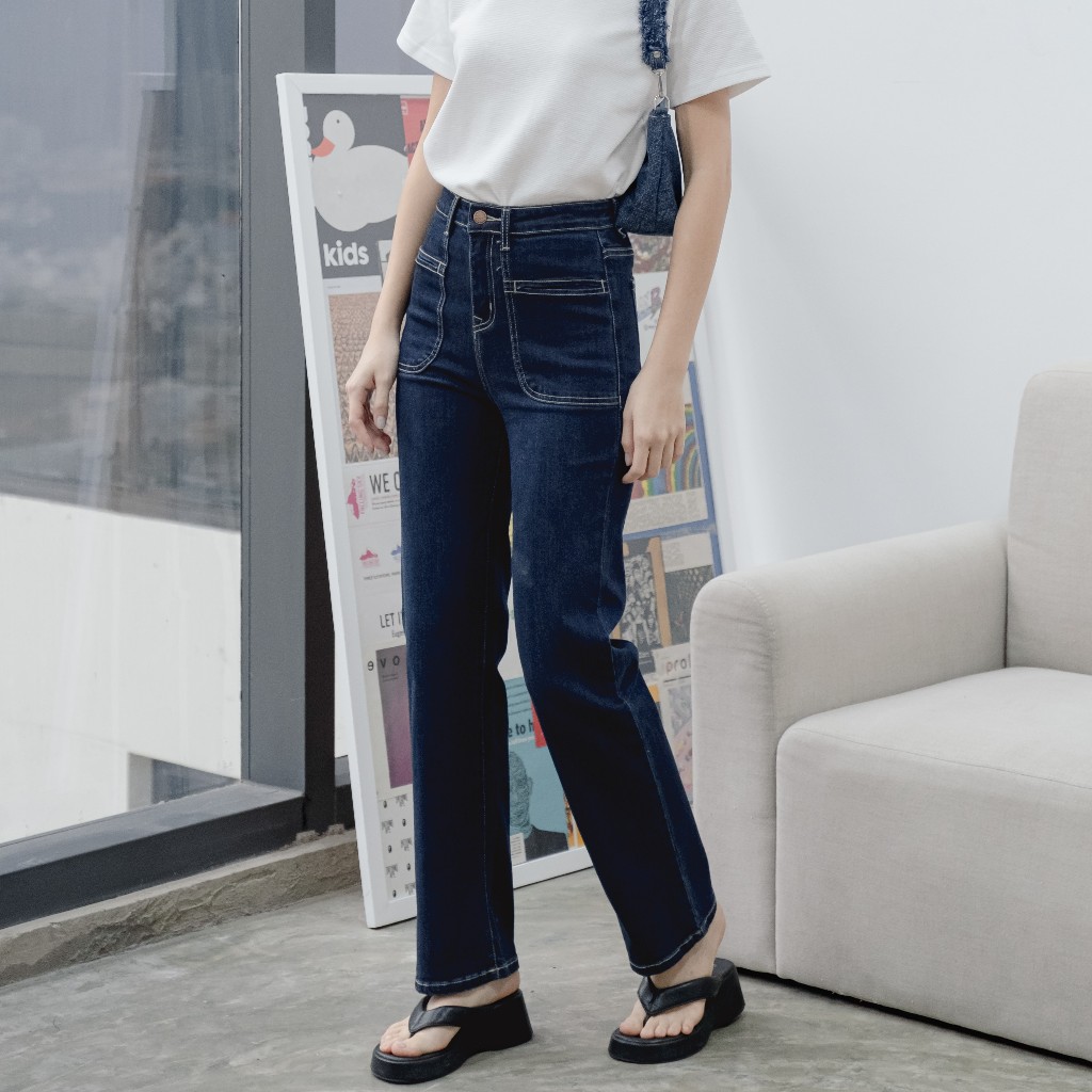 Quần jeans suông túi mổ đắp trơn màu xanh đậm LENclothing 9995