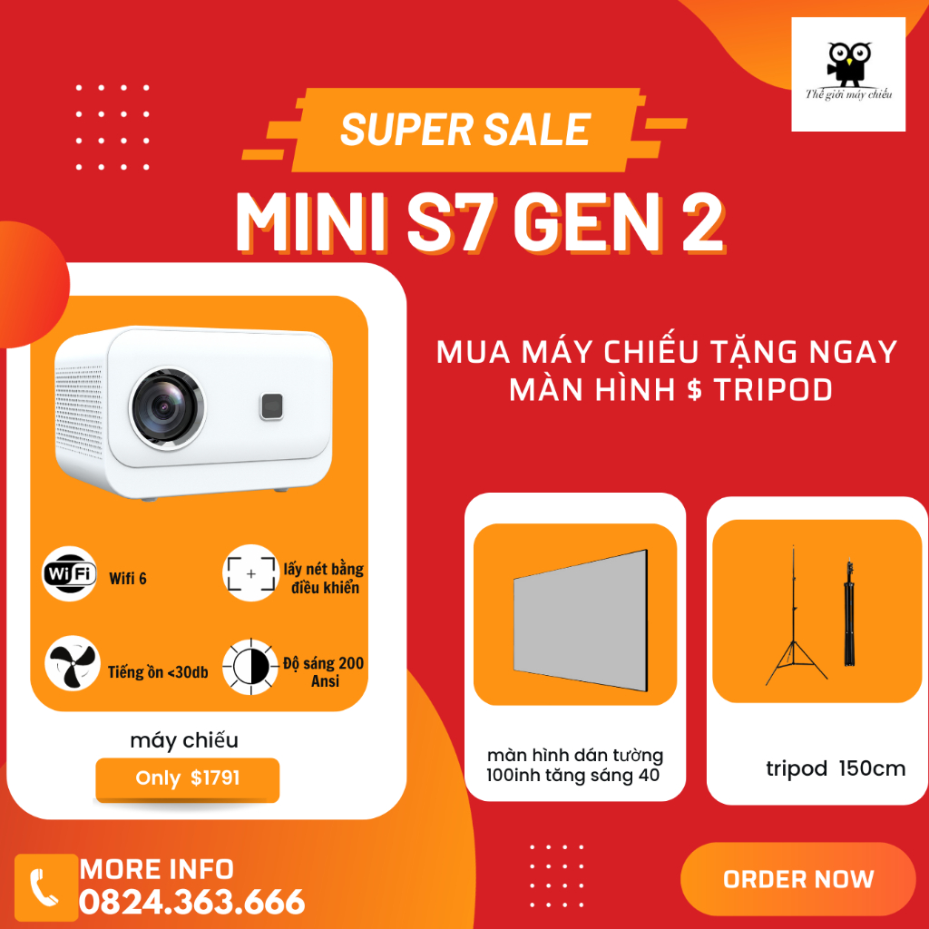 Máy chiếu mini S7 gen 2 HD hỗ trợ Video 1080p, Hệ điều hành android 9.0 sử dụng tại nhà