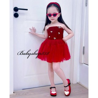 Đầm công chúa bé gái, váy nhung 2 dây cho bé.